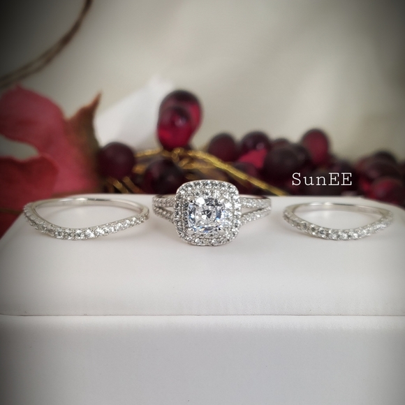 3pc Real 925 Double Halo Wedding Ring